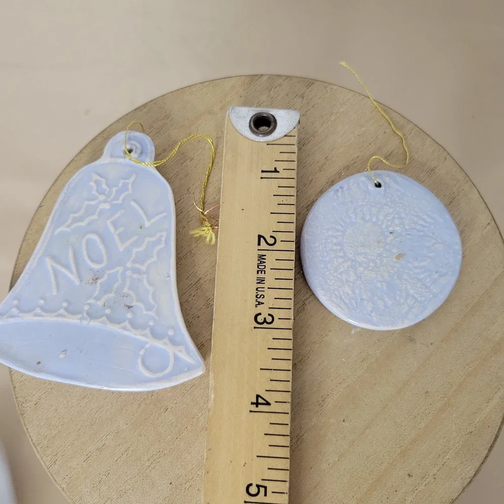 Vintage Blue Ceramic Christmas Ornaments Set Noel Bell and Snowman Disc 2pc